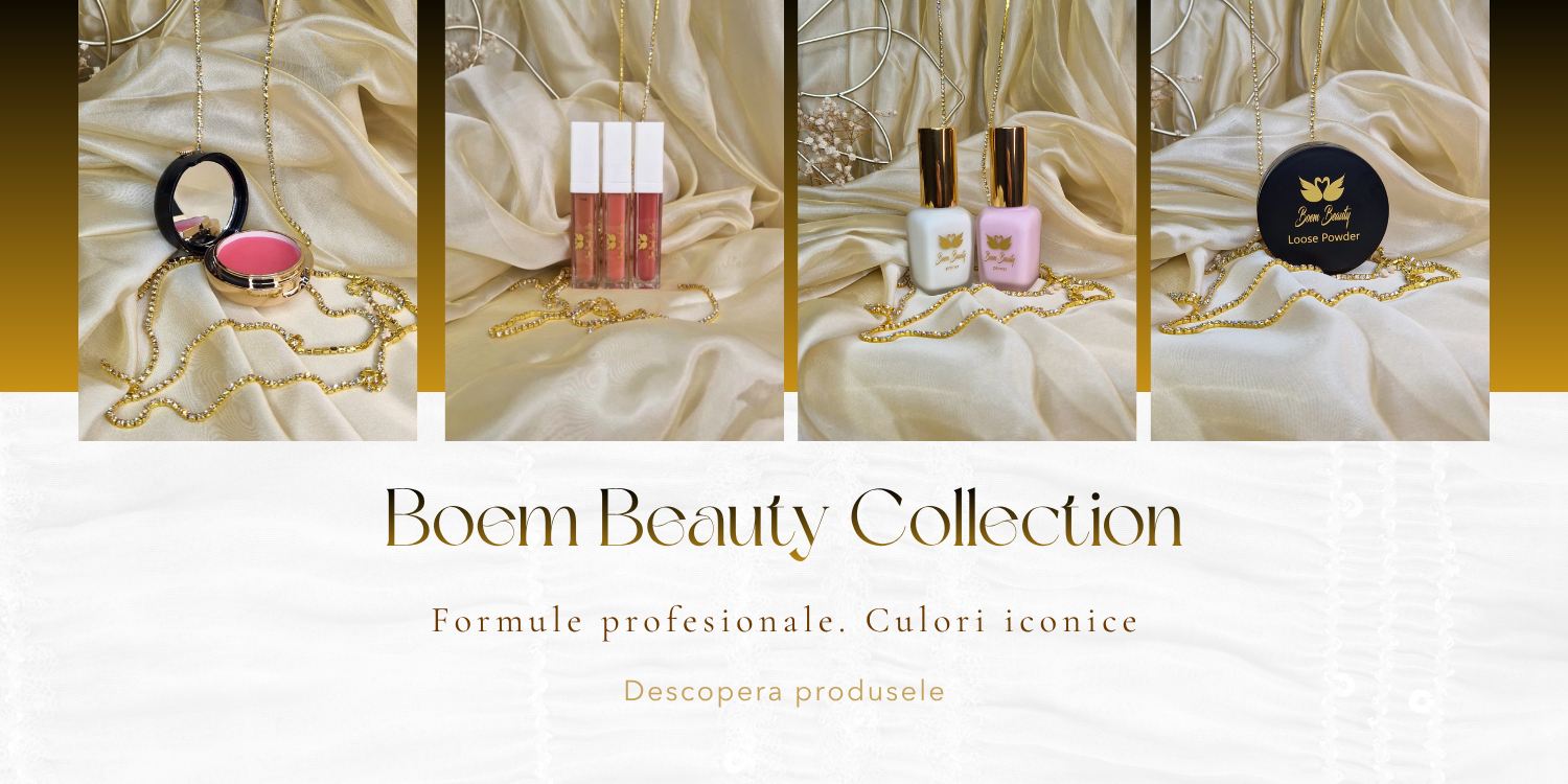 Boem Beauty Collection – produse de machiaj premium pe fundal de satin auriu